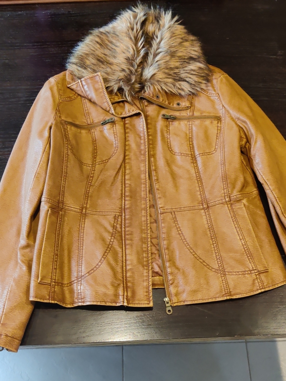 Dress Barn Tan Faux Leather Jacket with Faux-Fur Collar